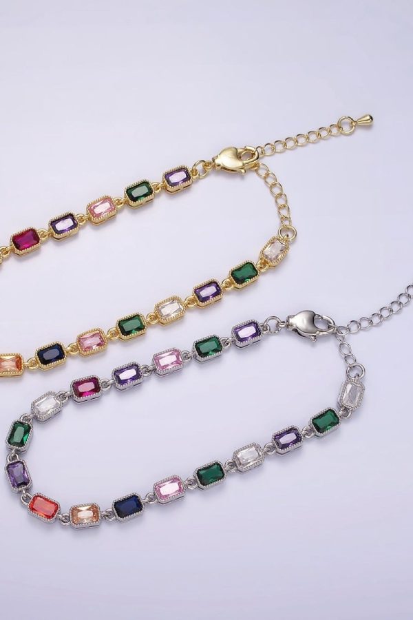 14K Gold Filled CZ Multicolor Baguette Bezel 7 Inch Bracelet in Gold & Silver | WA-2238 WA-2239 Clearance Pricing