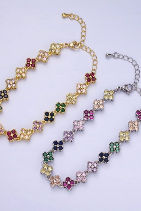 14K Gold Filled CZ Multicolor Flower 6 Inch Bracelet in Gold & Silver | WA-2430 WA-2431