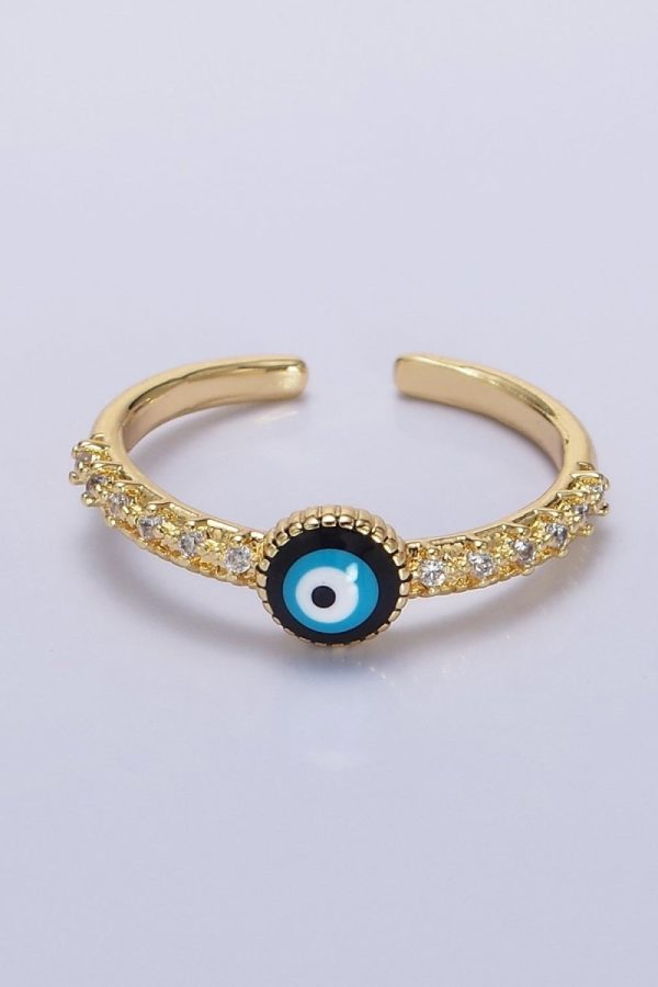 14K Gold Filled Evil Eye Enamel Clear CZ Lined Adjustable Ring | O-596