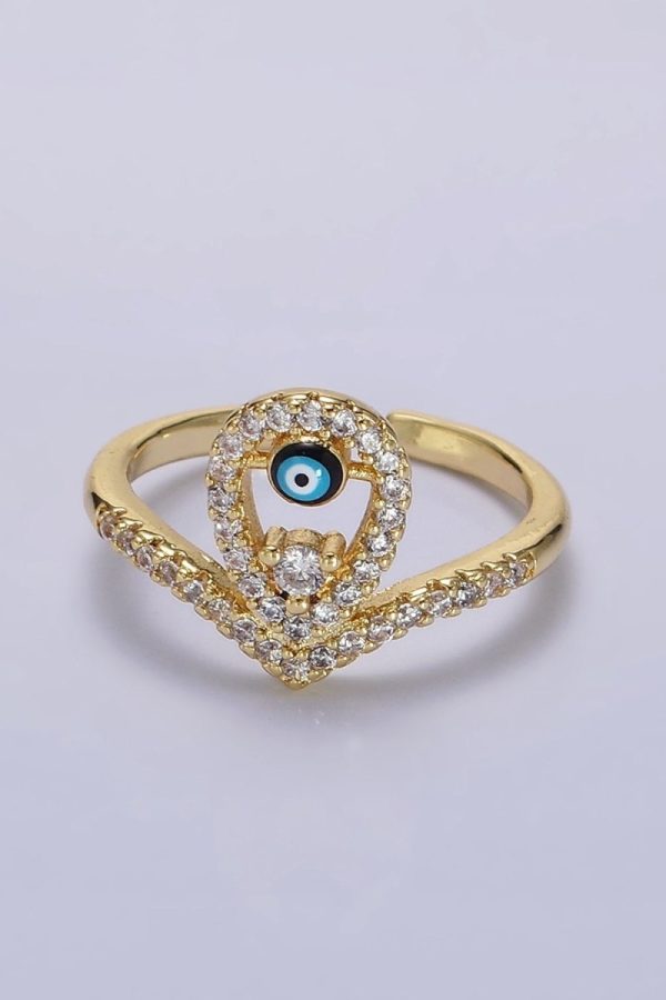 14K Gold Filled Evil Eye Enamel Open Teardrop Chevron Micro Paved CZ Ring | O-598