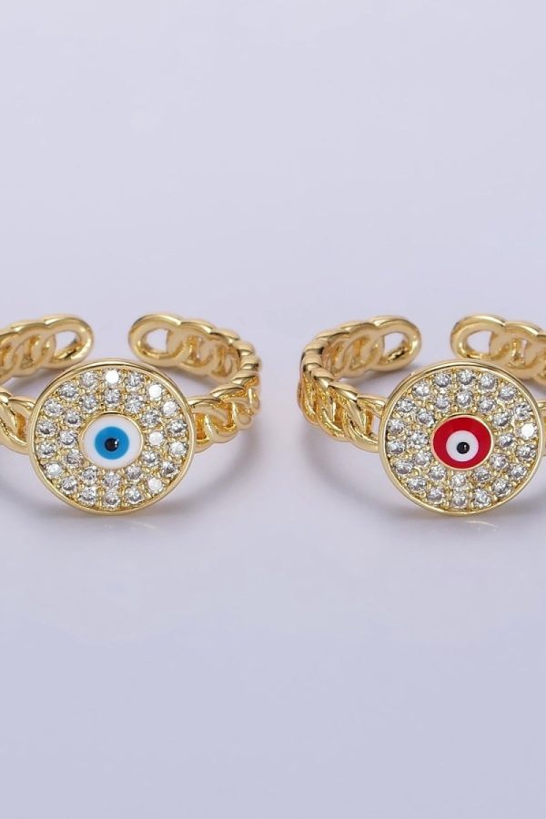 14K Gold Filled Red, White Evil Eye Enamel Round Clear Micro Paved CZ Curb Link Adjustable Ring | O-594 O-595