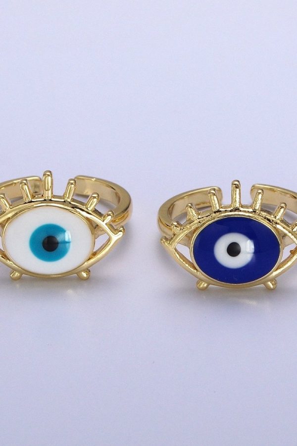 14K Gold Filled White, Blue Evil Eye Enamel Adjustable Ring | O-194 O-195