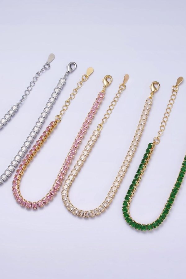 16K Gold Filled 3.8mm Pink, Green, Clear CZ Square Tennis 6.5 Inch Bracelet with Extender in Gold & Silver | WA-1791 - WA-1796