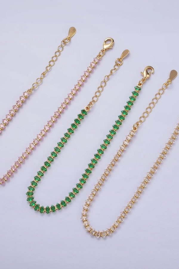16K Gold Filled 4mm Green, Clear, Pink CZ Marquise Tennis 6.5 Inch Bracelet with Extender | WA-1788 - WA-1790 Clearance Pricing
