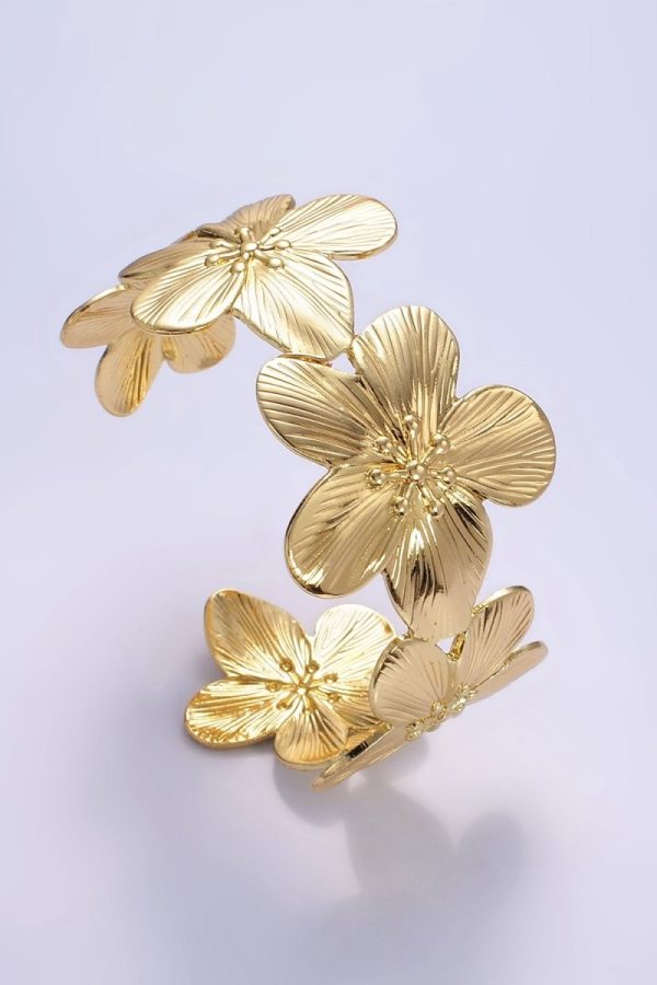16K Gold Filled 50mm Flower Textured Wide Cuff Bracelet | WA-2521