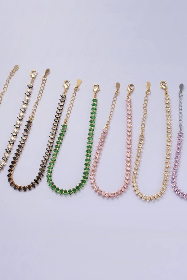 16K Gold Filled 5mm Clear, Green, Black & White, Black, Pink CZ Marquise Tennis 6.5 Inches with Extender | WA-1834 - WA-1839 Clearance Pricing