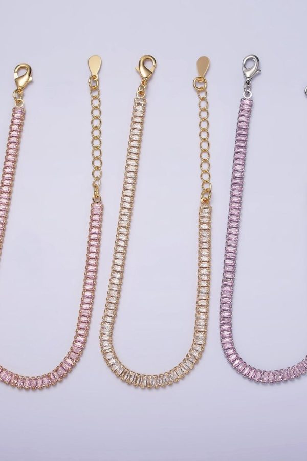 16K Gold Filled Clear, Pink Baguette CZ 3.5mm Tennis Chain 6.5 Inch Bracelet | WA-1820 - WA-1823 Clearance Pricing