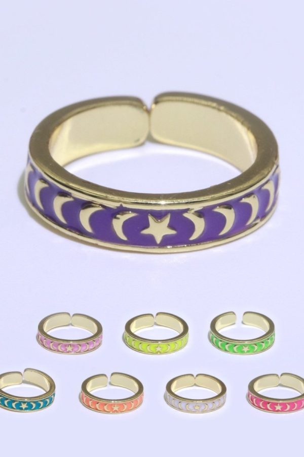 1x Dainty Colorful Enamel Ring Multicolor Enamel Band Moon Star Ring Stacking Open Adjustable Ring O-371 ~ O-378