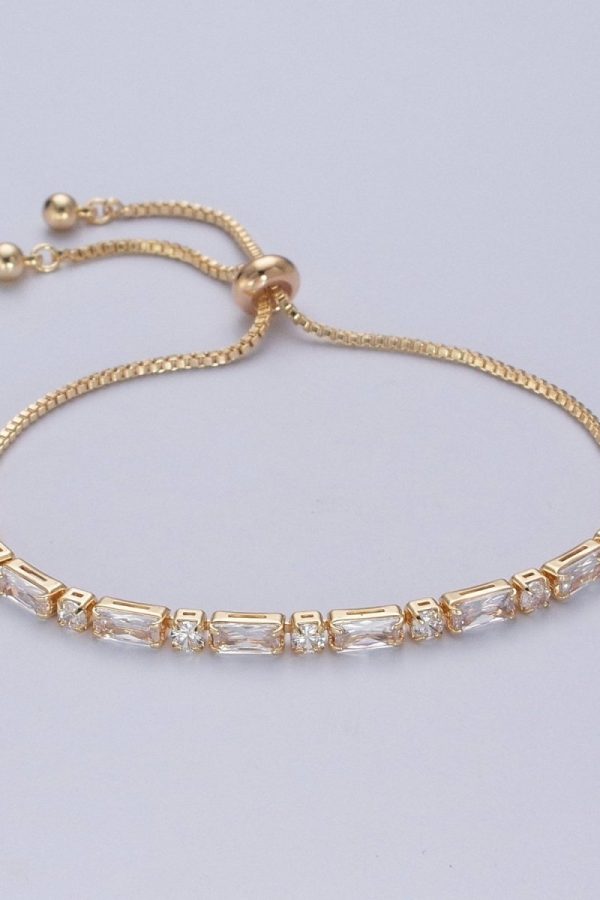 24K Gold Filled Clear Baguette Cubic Zirconia Adjustable Bracelet Chain | WA-1002