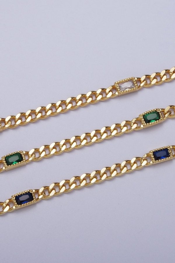 24K Gold Filled Clear, Blue, Green Baguette CZ 3.8mm Curb Chain 6.75 Inch Bracelet | WA-1506 - WA-1508 Clearance Pricing