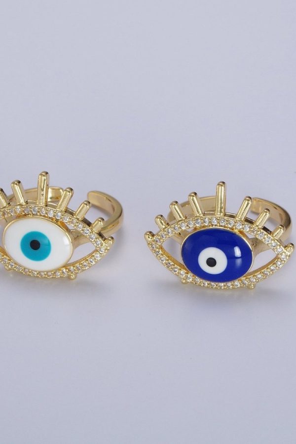 24K Gold Filled Evil Eye White, Blue Enamel Micro Paved CZ Ring | O-197 O-198