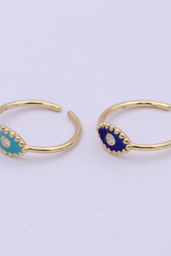 24K Gold Filled Mini Minimalist Evil Eye CZ Teal & Blue Enamel Adjustable Ring U-196