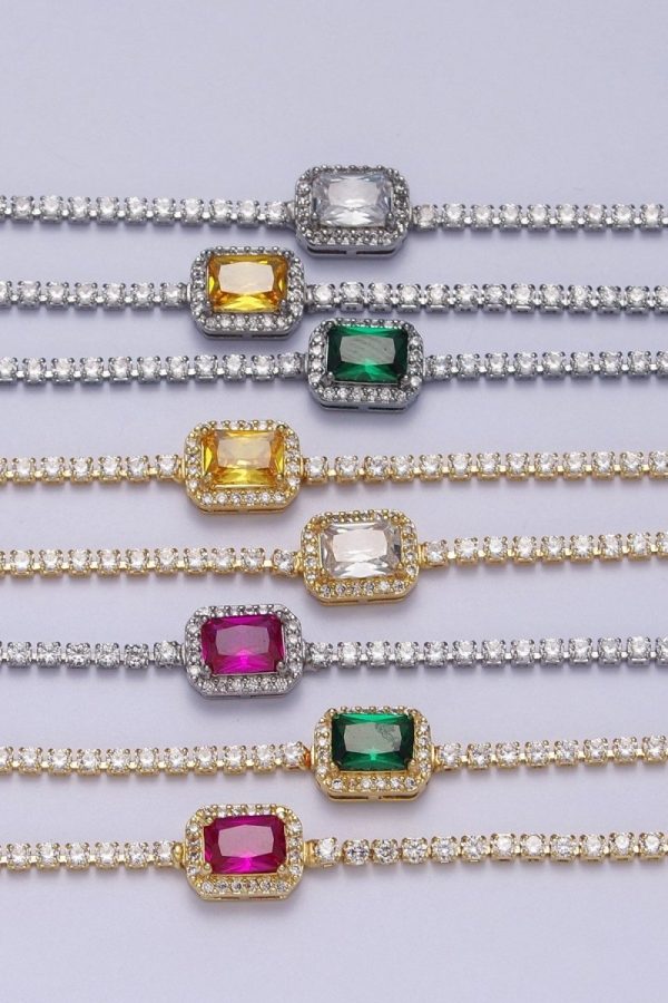 24k Gold Filled Tennis Chain Baguette Cubic Zirconia Bracelet Chain in Silver & Gold | WA-1286 - WA-1293 Clearance Pricing
