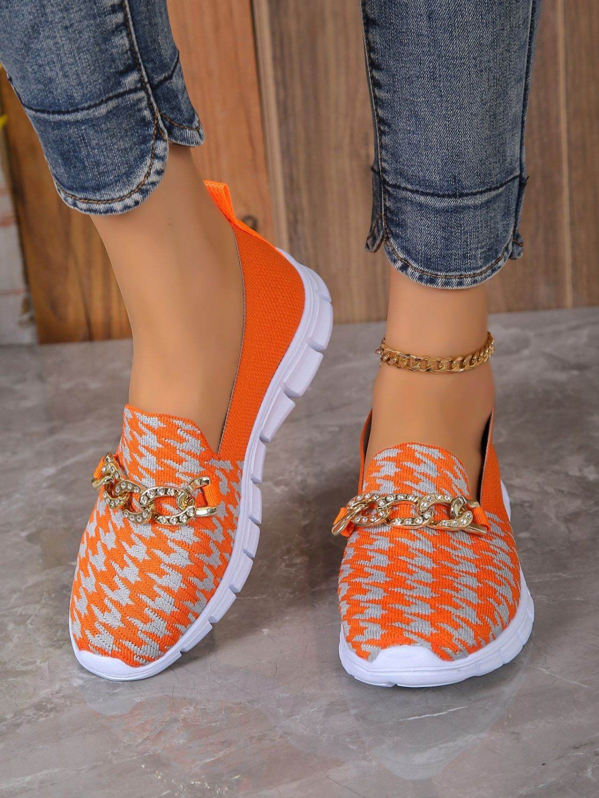 Casual Houndstooth Print Chain Mesh Shoes Summer Walking Sports Flat Shoes Women Breathable Loafers - Image 6