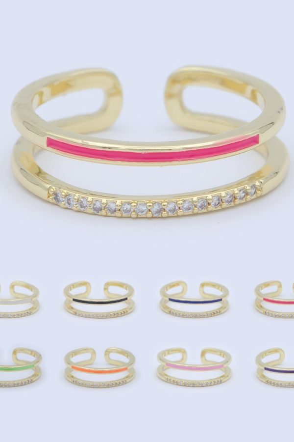 Assorted Color Golden Ring CZ Crystal on Double Layers Plain Gold Filled Micro Pave Ring Jewelry O-962 to O-971