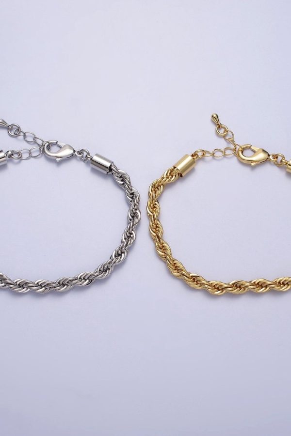 Bold Gold Twisted Rope Chain Bracelet Silver Chunky Rope Chain bracelet 5mm thickness | WA-1540 WA-1541 Clearance Pricing
