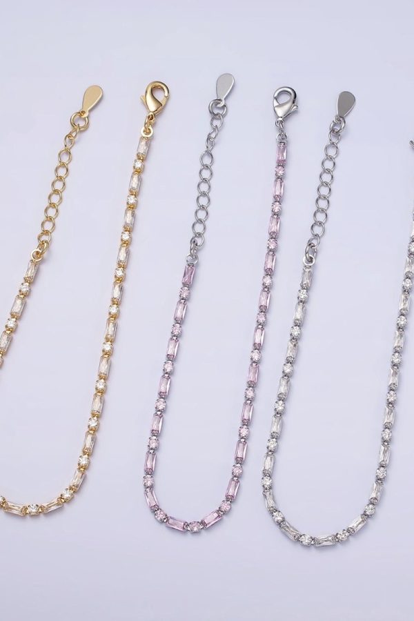 Dainty Gold Filled Tennis Bracelet Emerald Green Mix Baguette Round Clear Pink Green Cubic Zirconia Link Tennis Bracelet Minimalist Jewelry | WA-1824 - WA-1829 Clearance Pricing