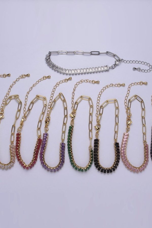 Dainty Half Baguette Tennis Half Paperclip Bracelet Gold Filled Tennis Bracelet, Cubic Zirconia Fusion Bracelet | WA-839 to WA-852 Clearance Pricing