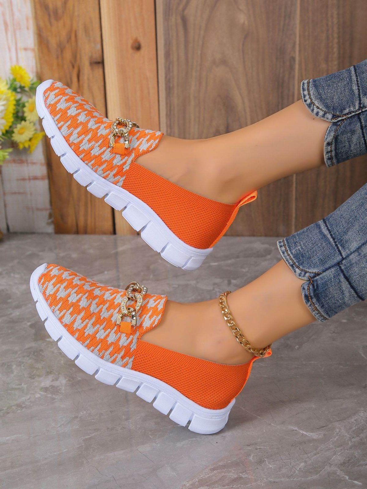 Casual Houndstooth Print Chain Mesh Shoes Summer Walking Sports Flat Shoes Women Breathable Loafers - Image 2