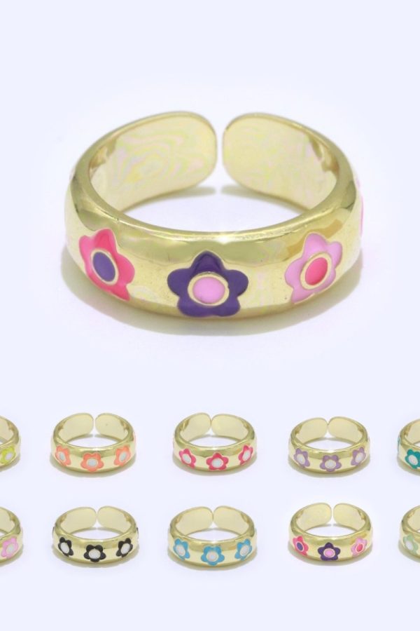 Gold Daisy Enamel Open Adjustable Ring Minimalist Jewelry Stackable Midi Ring S-021 ~ S-030