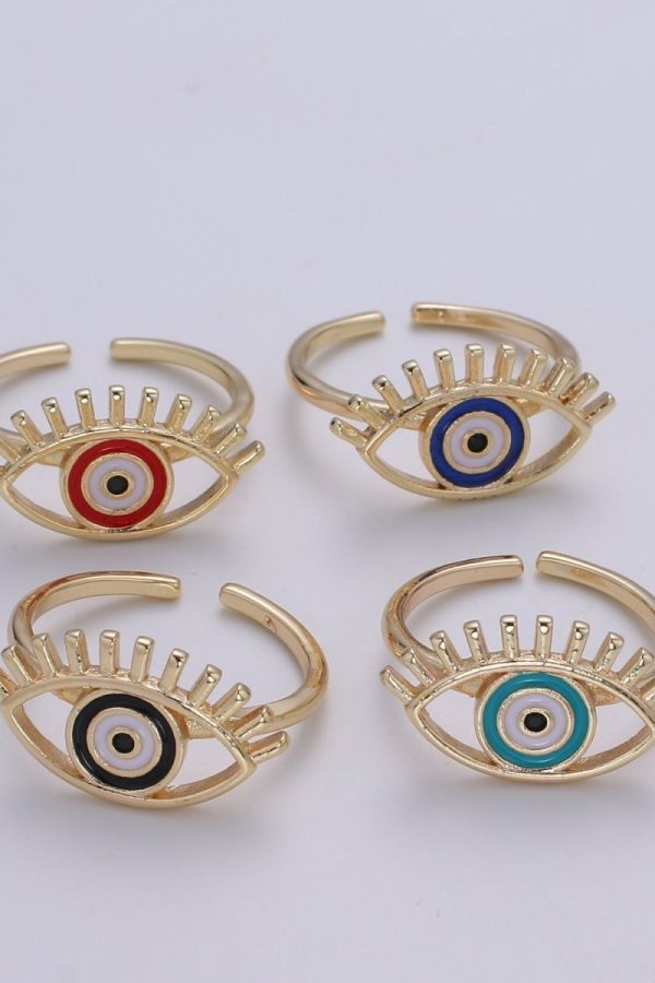 Gold Evil Eye Enamel Ring, Greek Eye Ring, Jewelry, Open Adjustable Stackable Ring, Gift For Women, Black Blue Red Accessory, Large Evil Eye O-315 ~ O-318