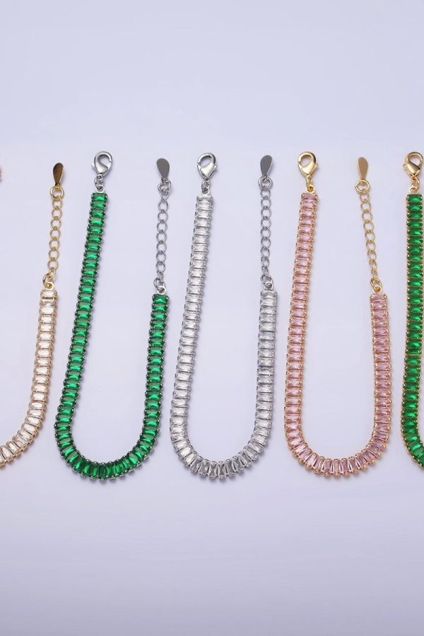 Gold Filled Tennis Bracelet, Baguette Emerald Green, Pink, Clear Pave CZ Bracelet for | WA-1764 to WA-1766 Clearance Pricing