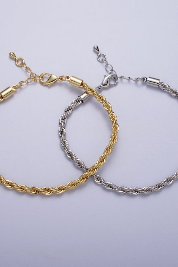 Gold Twisted Rope Chain Bracelet Silver Chunky Rope Chain bracelet 3.7mm thickness | WA-1538 WA-1539 Clearance Pricing