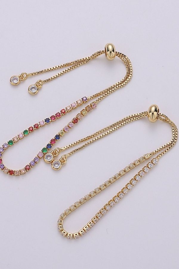 Micro Pave Adjustable Bracelet, Rainbow Clear CZ Cubic Bracelet Gold tennis bracelet in 14k Gold Filled Chain | K-546 K-547