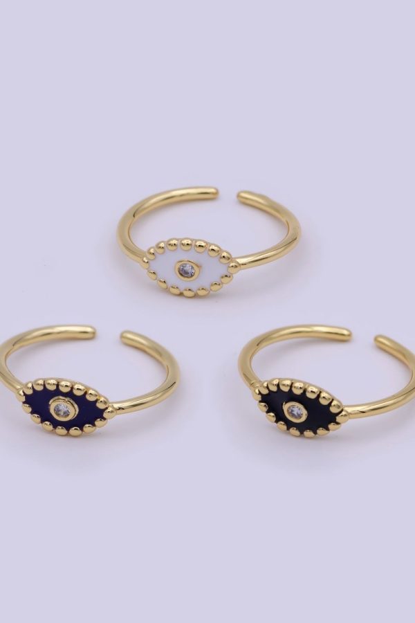 Minimalist 24K Gold Filled Beaded Evil Eye with Crystal Zirconia CZ Adjustable Ring, Navy Blue White Black Enamel Ring | U-404, U-406