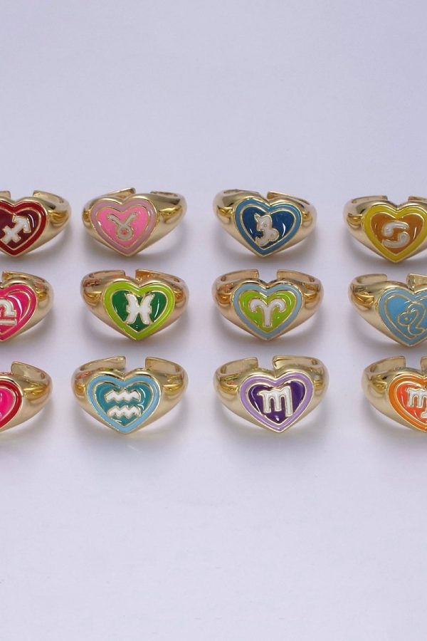 Y2K Signet Zodiac Ring Constellation Sign Enamel Gold Ring, Astrology Sign Horoscope Ring Birthday Personalized Fun Gift S-489-S-500